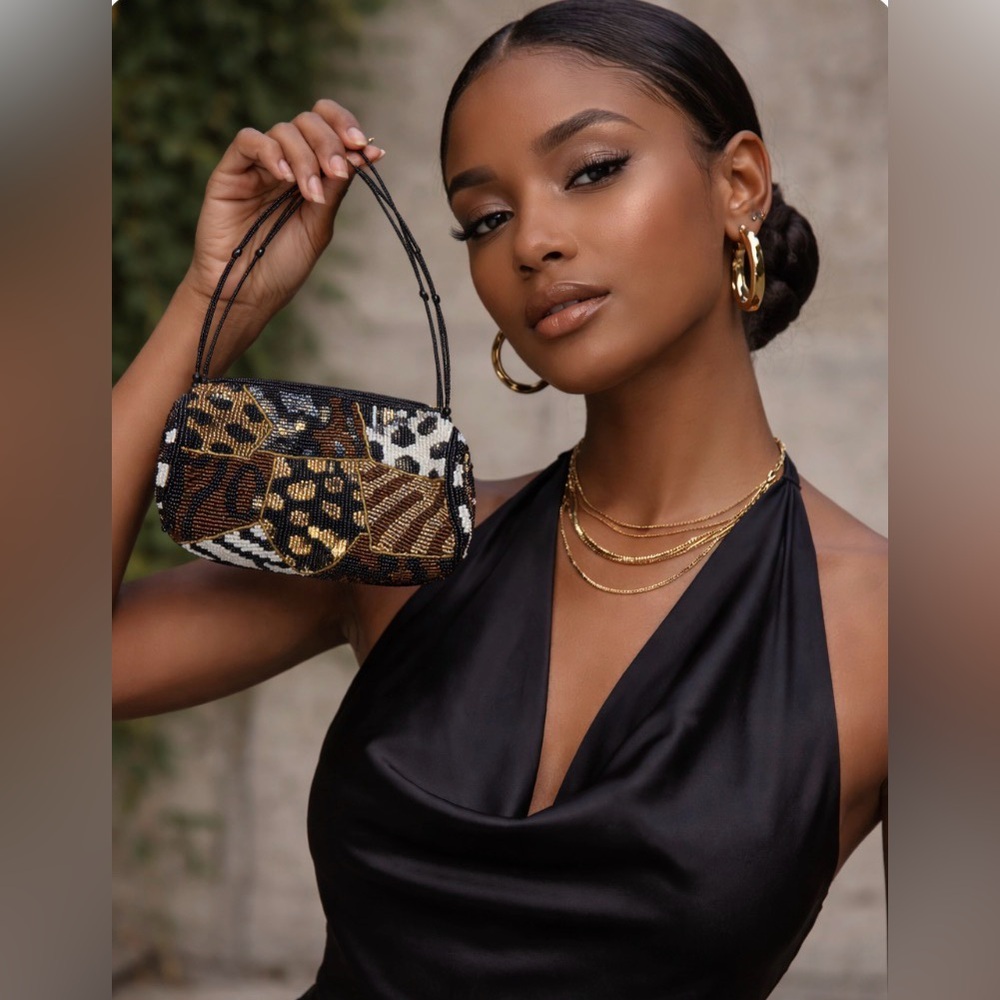 Elegant Full Beaded Black and Gold Small Women's Bag